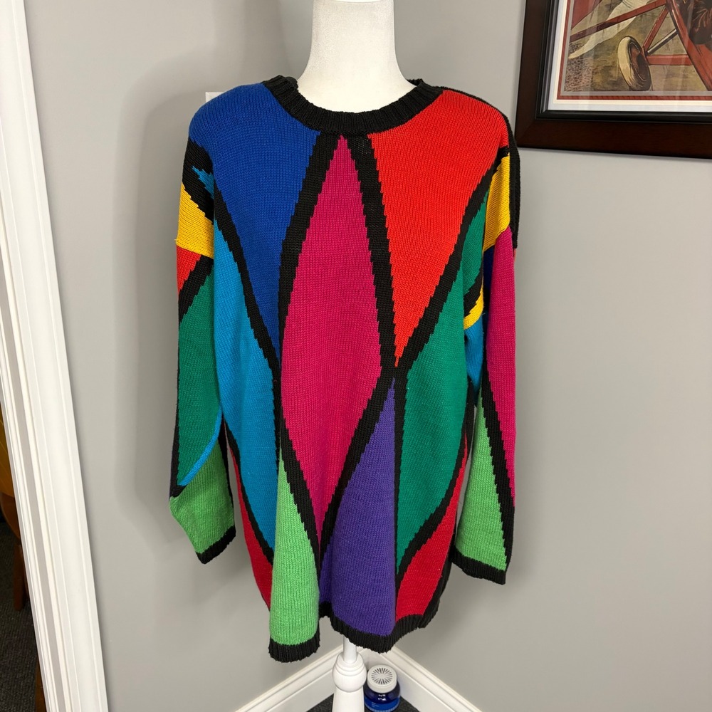 Venezia Vintage Colorblock Geometric Diamond Knit Sweater Womens 14/16 L XL - Picture 1 of 7